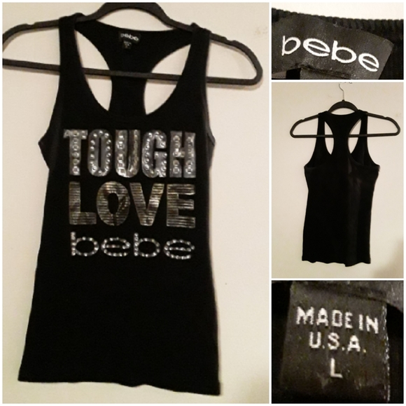 Bebe Womens Large Black Sporty Tank Top "Tough Love Bebe" in Silver Shiny Print - Picture 1 of 8